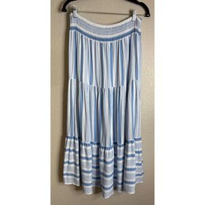 Velvet Heart Women XL Maxi Skirt Blue White Striped Smocked Tiered Boho Nautical